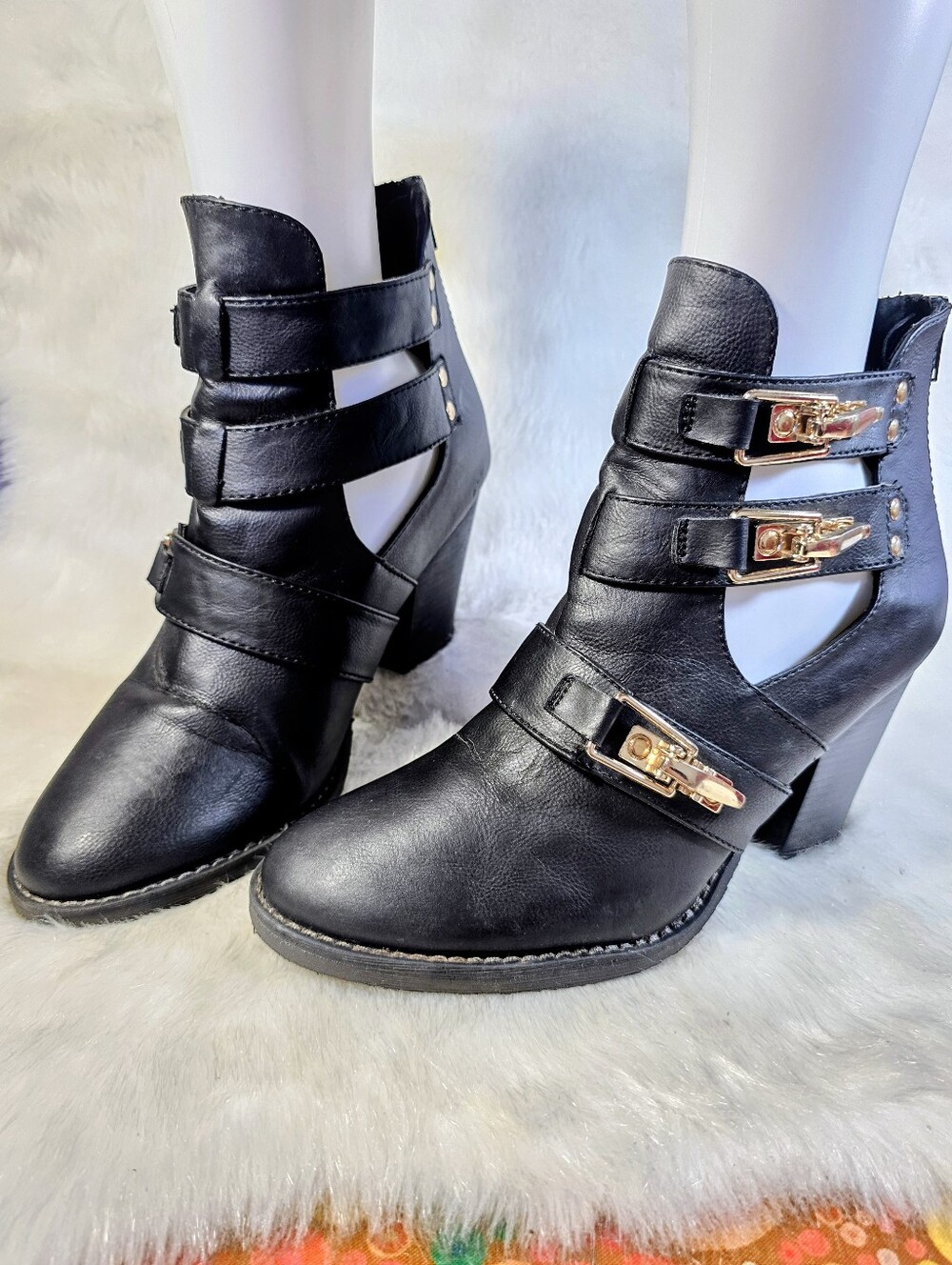 JustFab "Zyree" Black Vegan Leather Adjustable Buckle/Zip Ankle Booties
